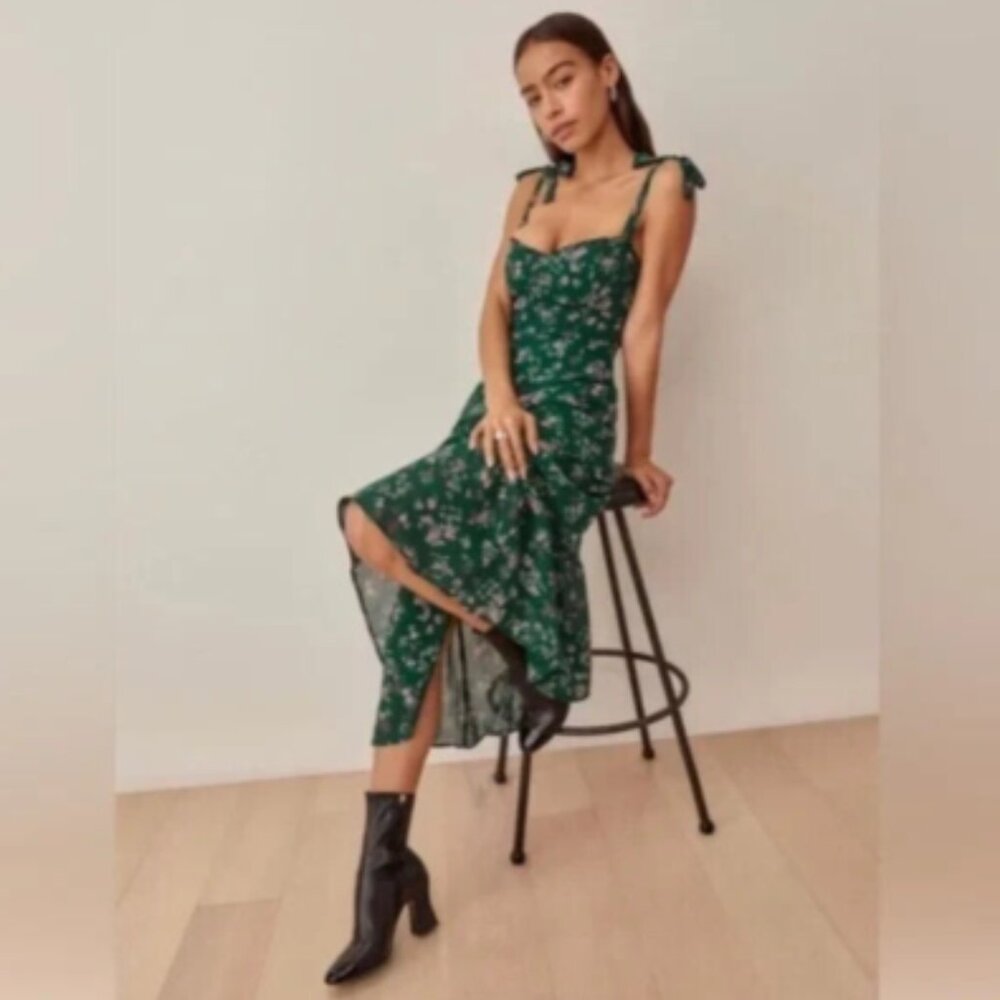 ***SOLD!!! NWT C$160 Reformation Nikita Dress Green Floral Midi Ruffle Tie 4